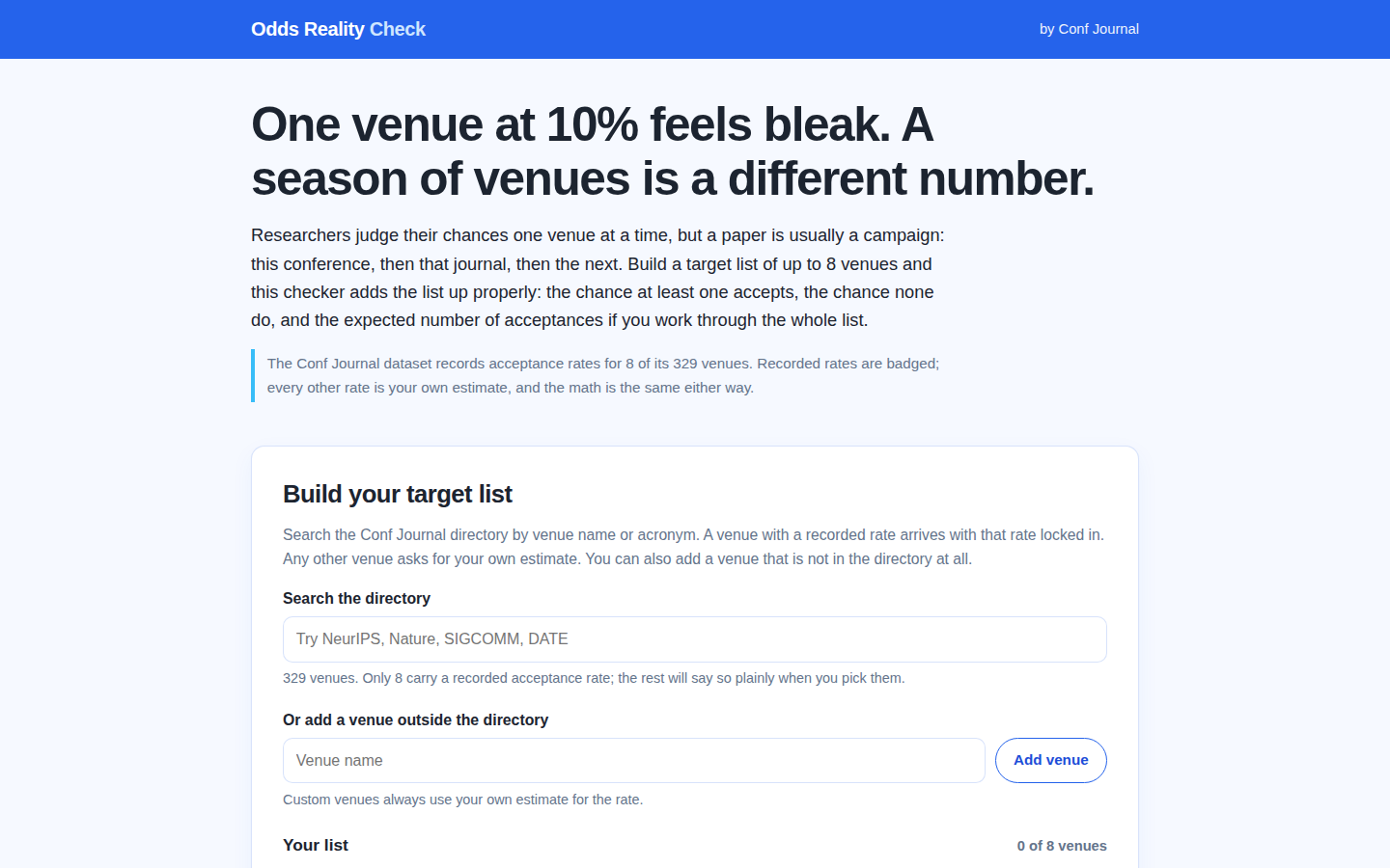 Odds Reality Check main screen: build a target list of up to 8 venues from the Conf Journal directory